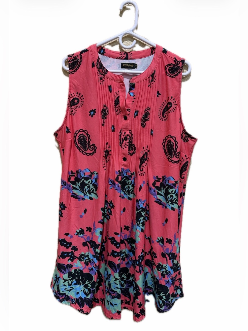 Reborn Pink Floral Paisley Sleeveless Women's 2X Pleated Tunic Blouse Top